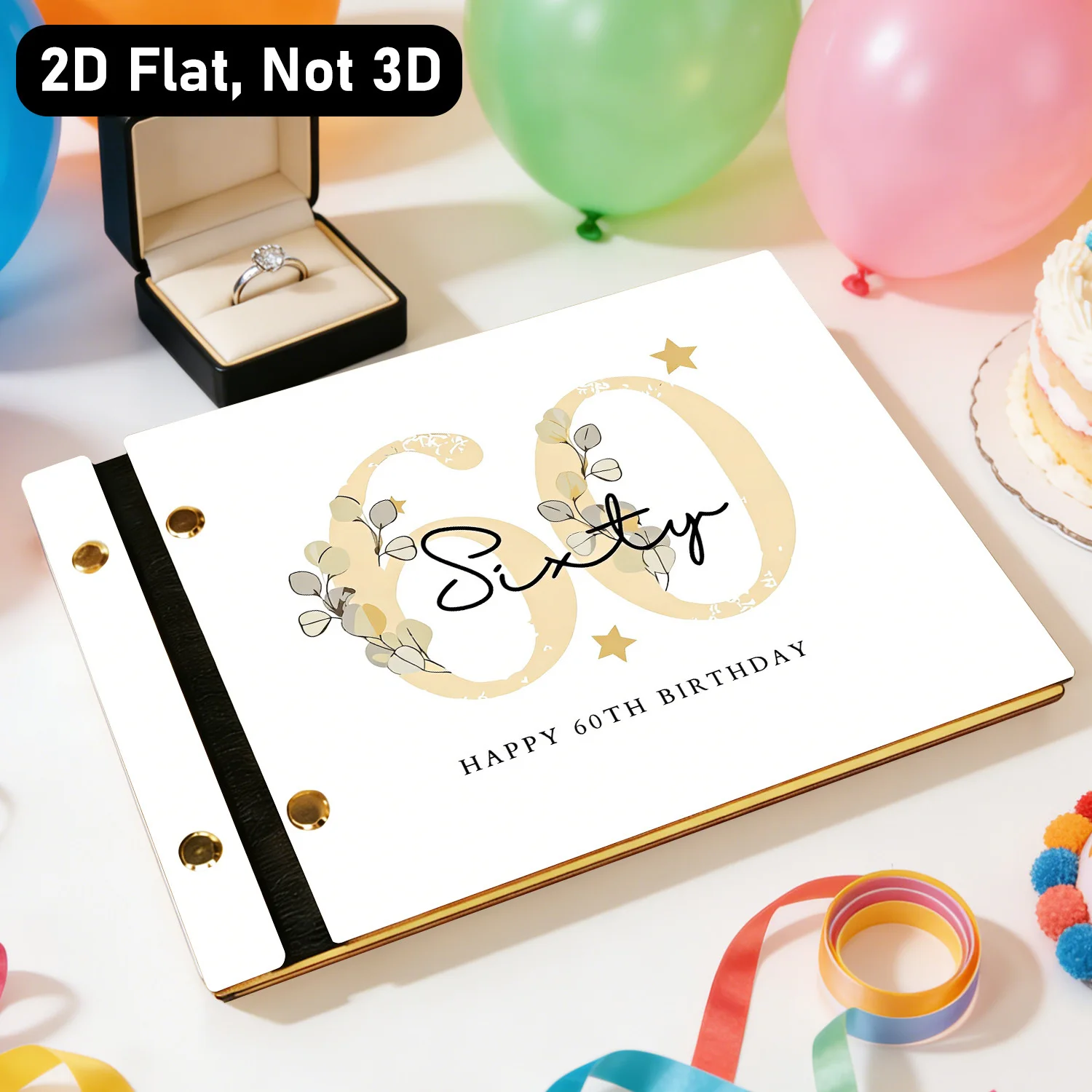 Elegant Birthday Wooden Guestbook & Organizer - Minimalist Beige, Party Message Book - Signature Welcome Book for 60th Birthday