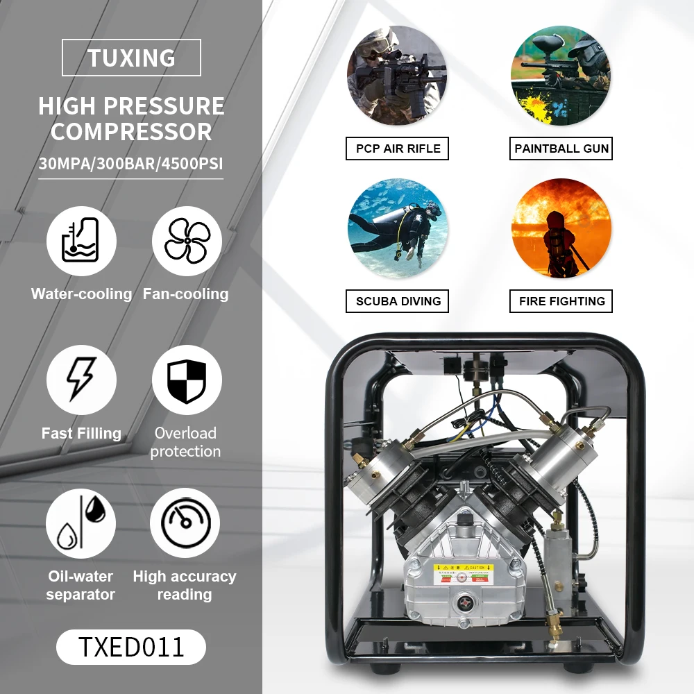 TUXING TXED011 4500Psi PCP Air Compressor 300Bar Twin Cylinder High Pressure Electric Compressor for Diving Scuba Rifle Airgun