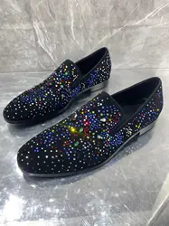 Fashion Men's Bling Sequine Loafer Shoes Round Toe Slip On Low Heel Male Slip On Spring Autumn Party Wedding Show Single Shoes