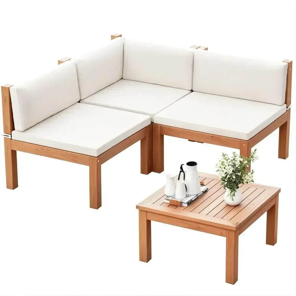 Outdoor Sectional Sofa Set with Acacia Wood Coffee Table, L-Shaped Patio Sofa with All-Weather Cushions for Deck and Backyard (W