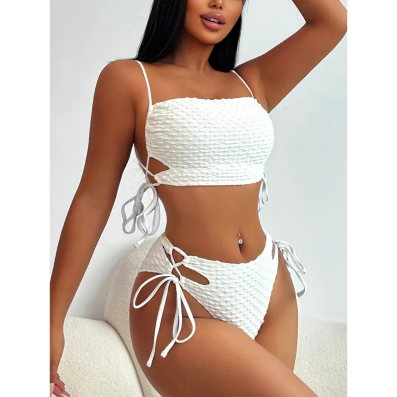 Luanguo New Style Bikini Off-White Sexy Swimsuit for Women-Split-Drawstring SwimwearLG398