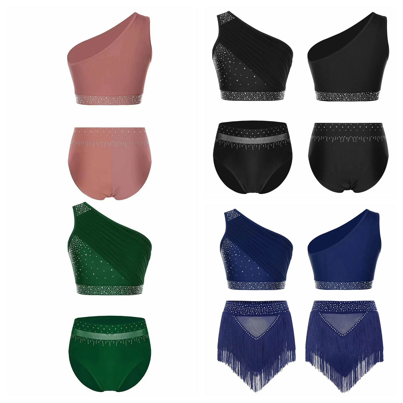 

Women's 2 Piece Latin Lyrical Dance Costume One Shoulder Suits Mesh Crop Top with Briefs Figure Skating Outfits Dancewear