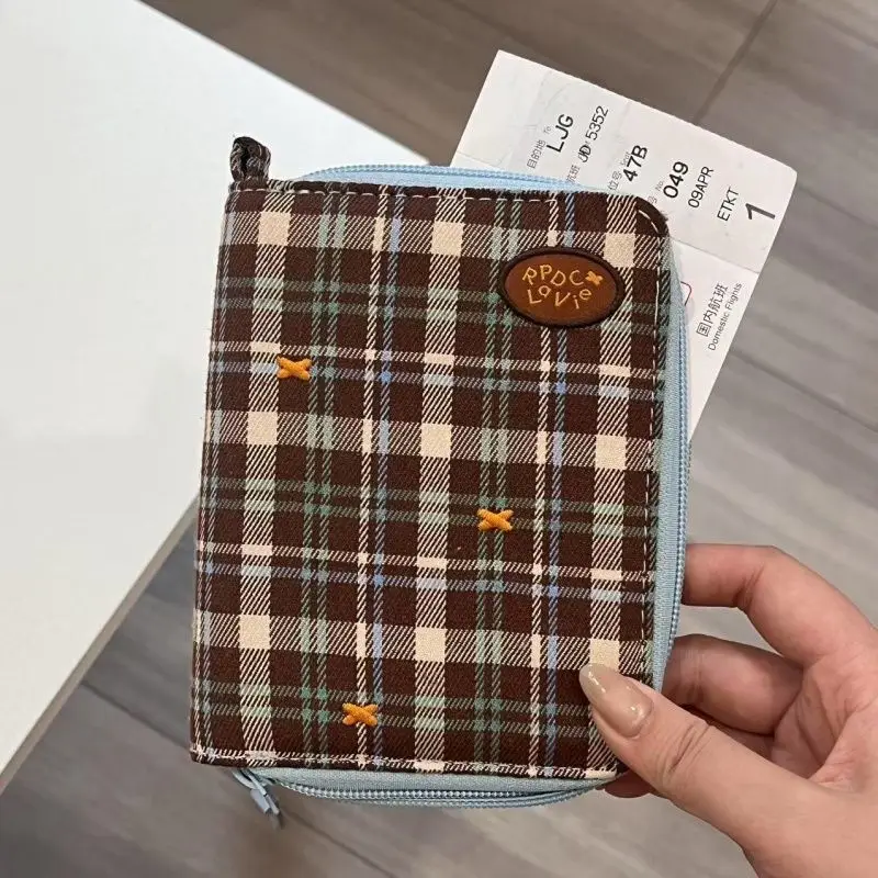 Retro Canvas Plaid Travel Wallet Women Men Zipper Card Holder Portable Passport Pouch Carry-on Document Storage Bag