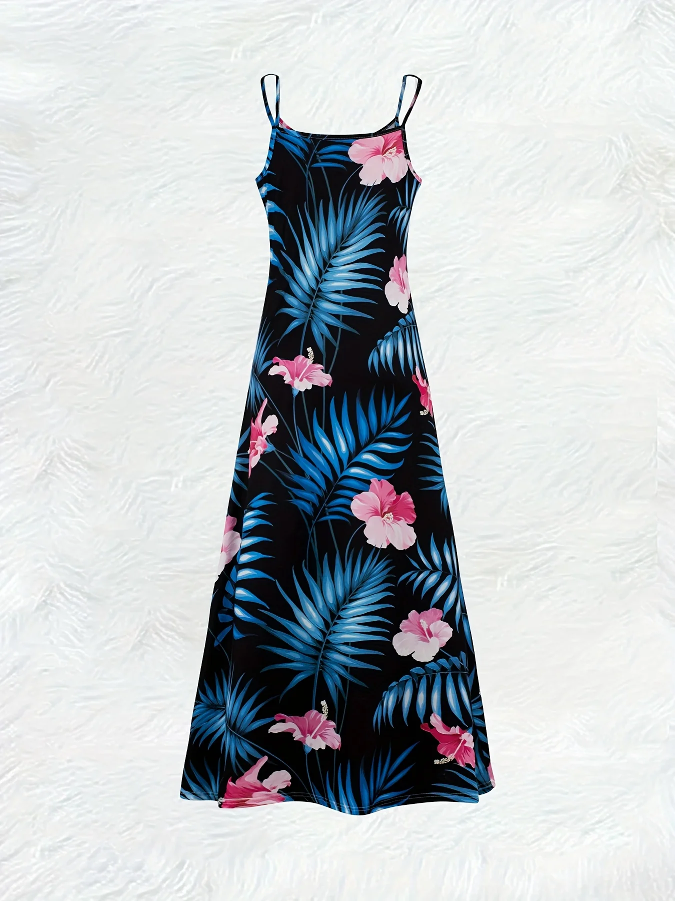 Casual Floral Print Long Sleeve Dress for Women with Blue Leaf Pattern Round Neck Sleeveless Summer Dress Fashion A Line Midi