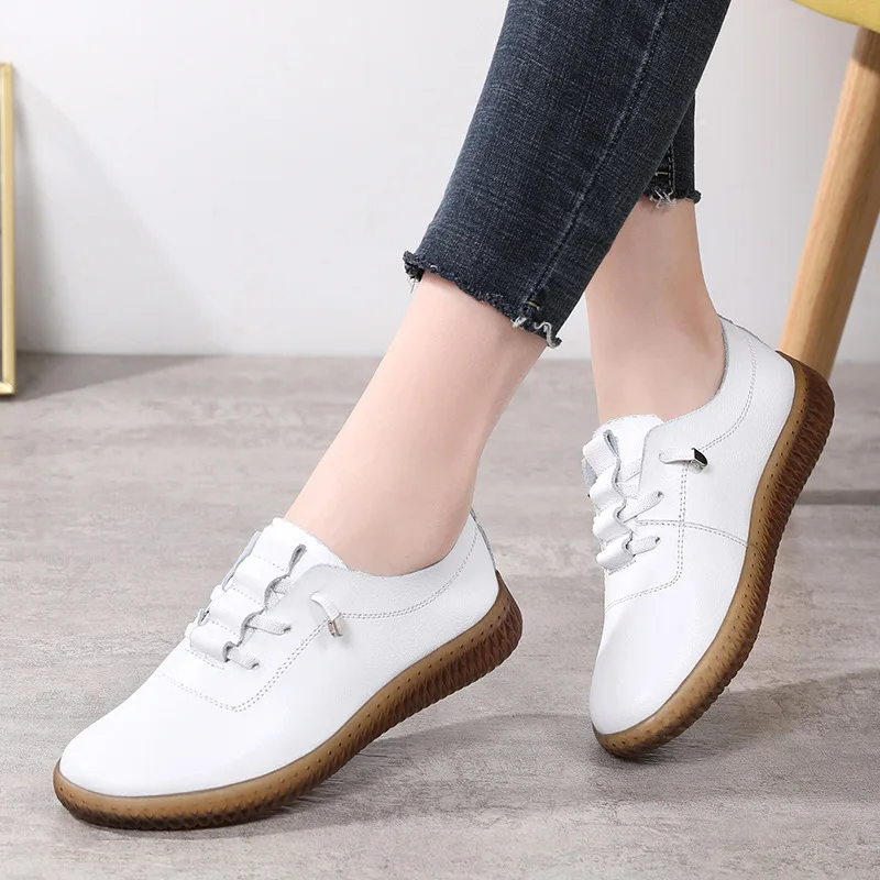 WOIZGIC Ladies Women\'s Female Mother Genuine Leather Vulcanized Shoes Flats Moccasin Loafers Non Slip Lace up Plus Size 41