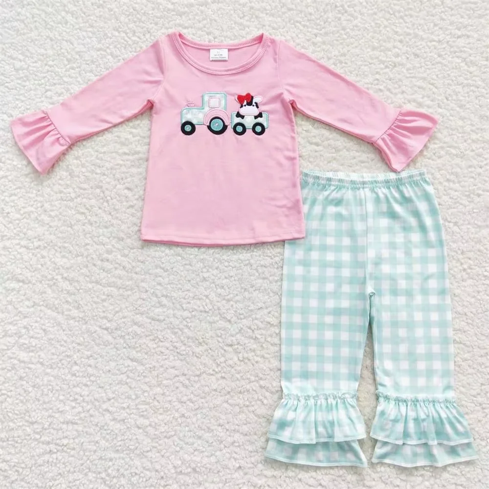 Wholesale Children Farm Pajamas Sleepwear Boy Girl Long Sleeves Embroidery Tractor Cow Shirt Set Kids Plaid Pants Toddler Outfit