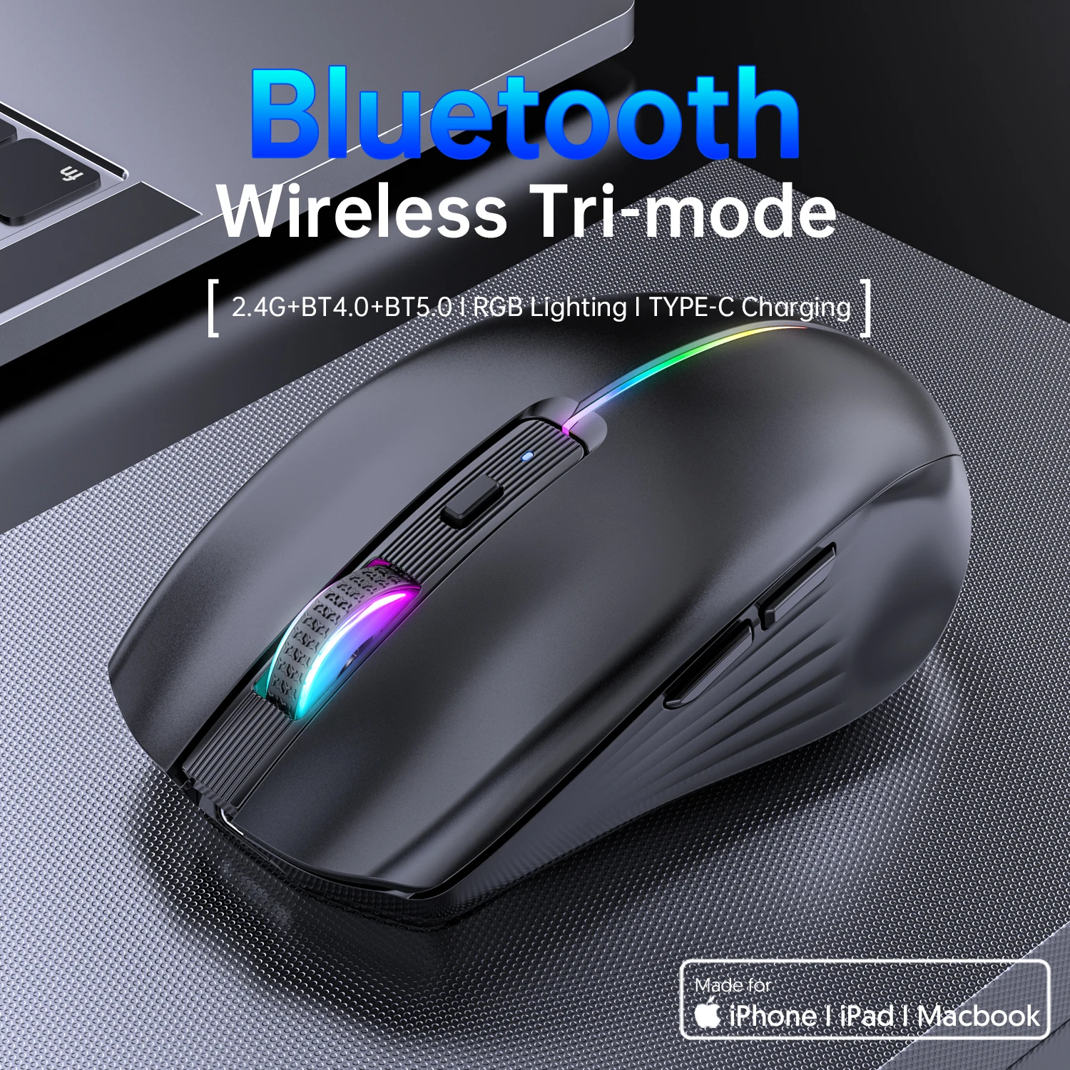 

Wireless Tri-mode Mouse 2.4G Bluetooth 4.0+5.0 Rechargeable Mute Button Mause RGB Backlight Light Weight Portable Office Use