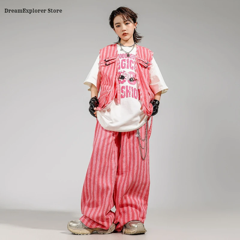 Boys Hip Hop T-shirt Pink Striped Vest Street Dance Pants Girls K-pop Costumes Kids Teens Jazz Clothes Sets Children Streetwear