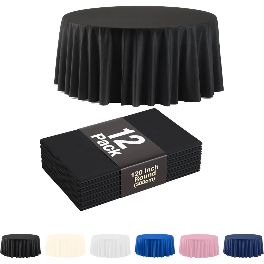 

12 упаковок черных пластиковых круглых скатертей, 120-дюймовые одноразовые скатерти для вечеринок