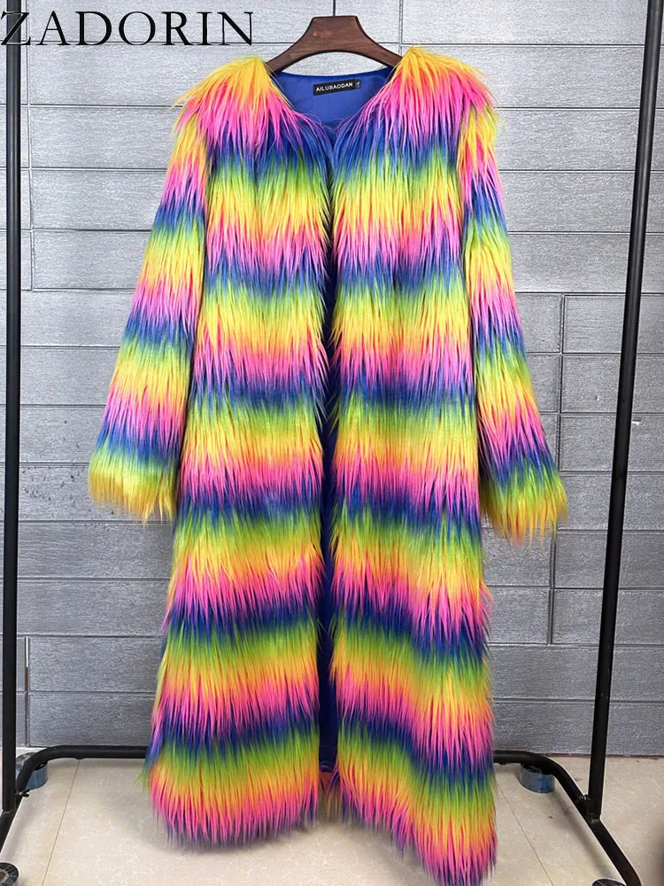 ZADORIN Fashion Fluffy Faux Sheep Fur Coat Women Winter Rainbow Color Faux Fur Jacket for Women Super Long Trench Fur Coats 2024