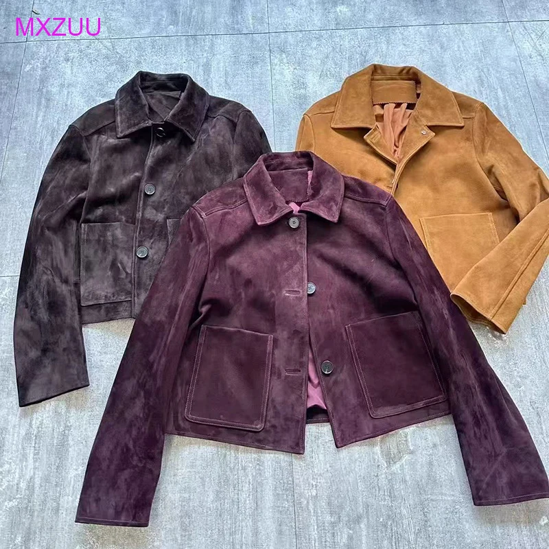 Women's Real Suede Leather Jacket Spring High Quality Casual Lapel Single Breasted Vintage Camel Kid Suede Coat Outerwear Female