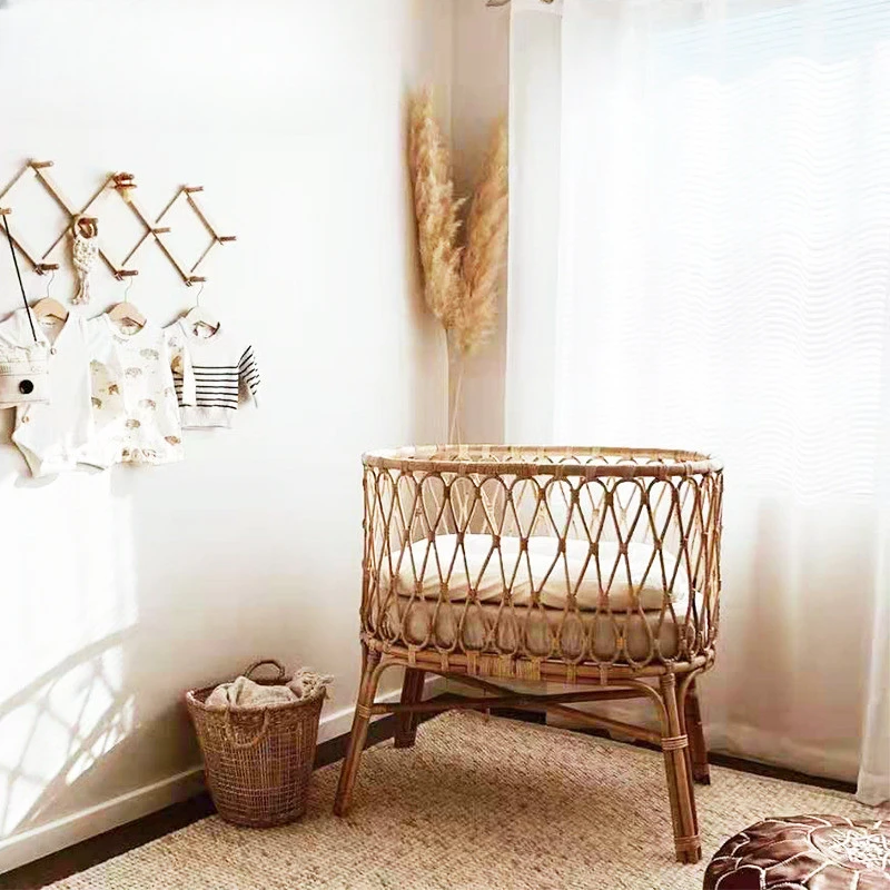 Vine crib, rattan woven bed, Nordic fence, small round bed, cradle, sleeping bed with cushion