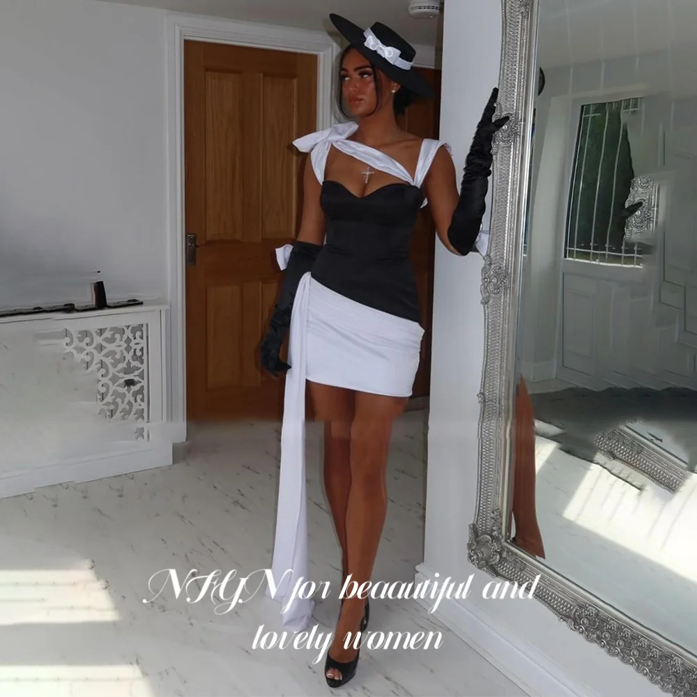 

NFYN Black Elegant Formal Gown Pleats Satin Prom Dress Mermaid Bows Sleeveless Evening Dresses Mini Skirt robe de bal Customized