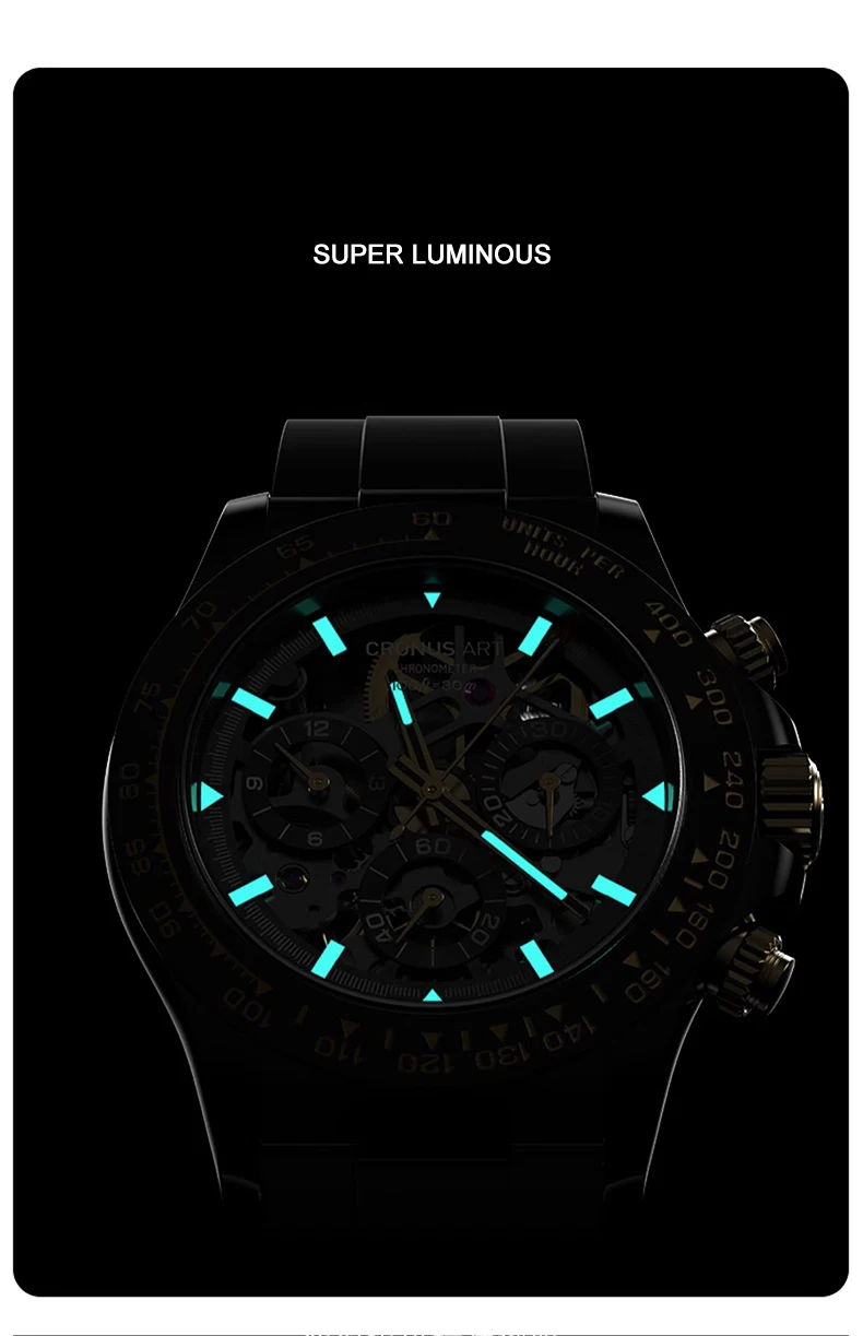 CRONUSART Men Chronograph Watch Automatic Mechanical Wristwatch Luminous Sapphire Skeleton Fluororubber Strap Ceramic Bezel