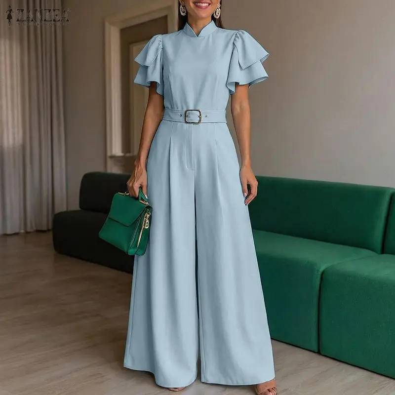 ZANZEA Summer Short Sleeve Women Jumpsuits Elegant Ruffles Sleeve Party OL Work Overalls Long Playsuits Streetwear Wide Leg Pant