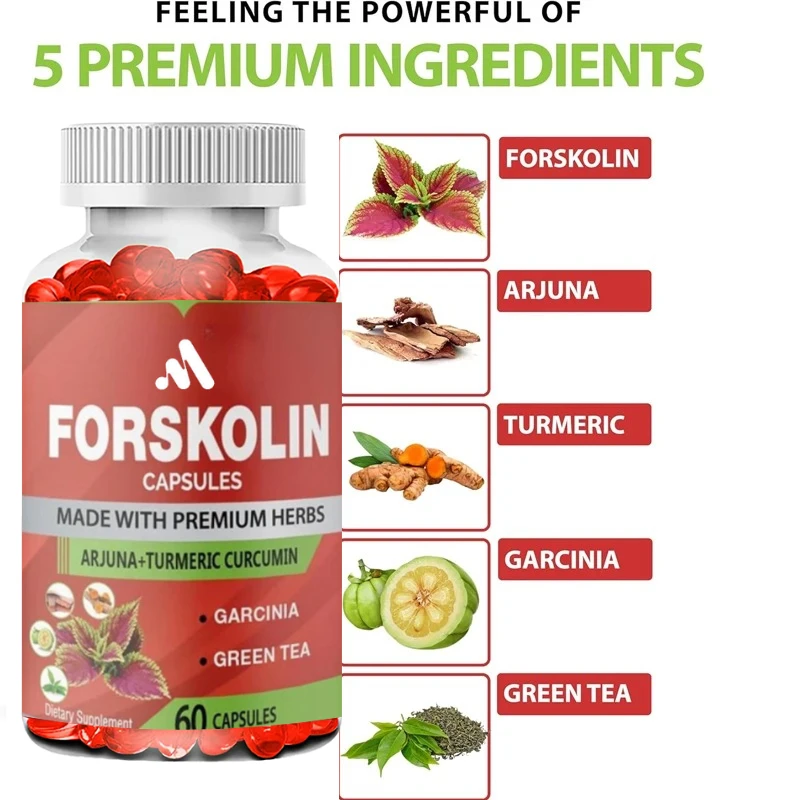 كبسولات مكملات فورسكولين العضوية تحتوي على الكركم والكركمين واللوز والغارسينيا كامبوجيا والشاي الأخضر