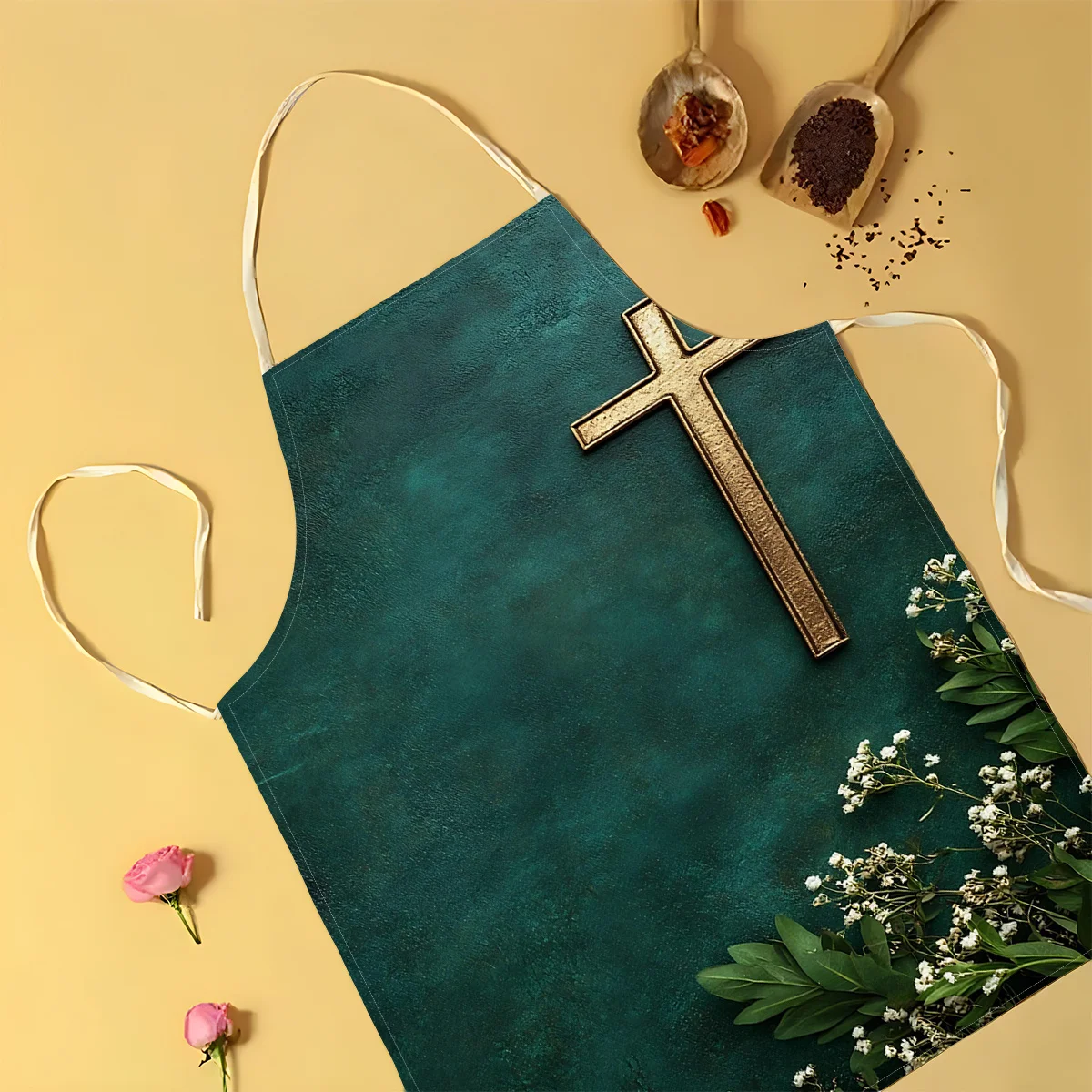 1pc Linen Apron with Golden Cross Pattern Religious Christian Kitchen Apron for Women Men Church Event Cooking Baking Chef Gift