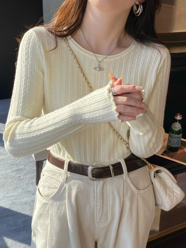 

Fashionable Long Sleeve round Neck Shirt Women's Inner Wear Spring 2026 New Style High End Knitted Top Wooden Design