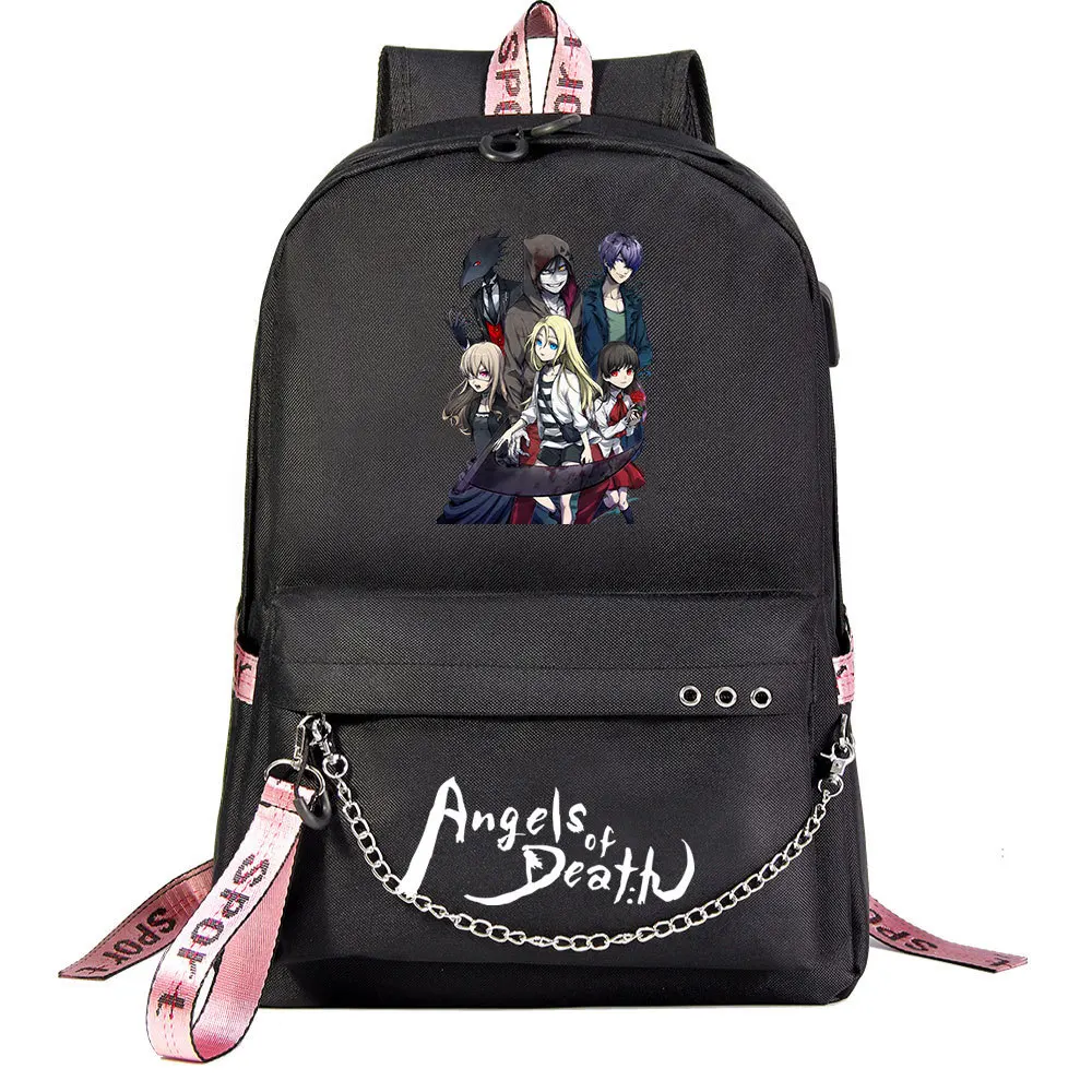 Anime Angel Death Backpack School Book Bags Travel Boys Girls Laptop Headphone USB Port Daily Mochila