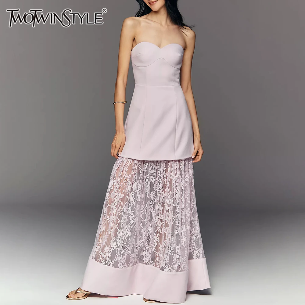 

TWOTWINSTYLE Solid Slimming Spliced Mesh Dress for Women Strapless Sleeveless Patchwork Zipper Dresses Female Fashion New Style