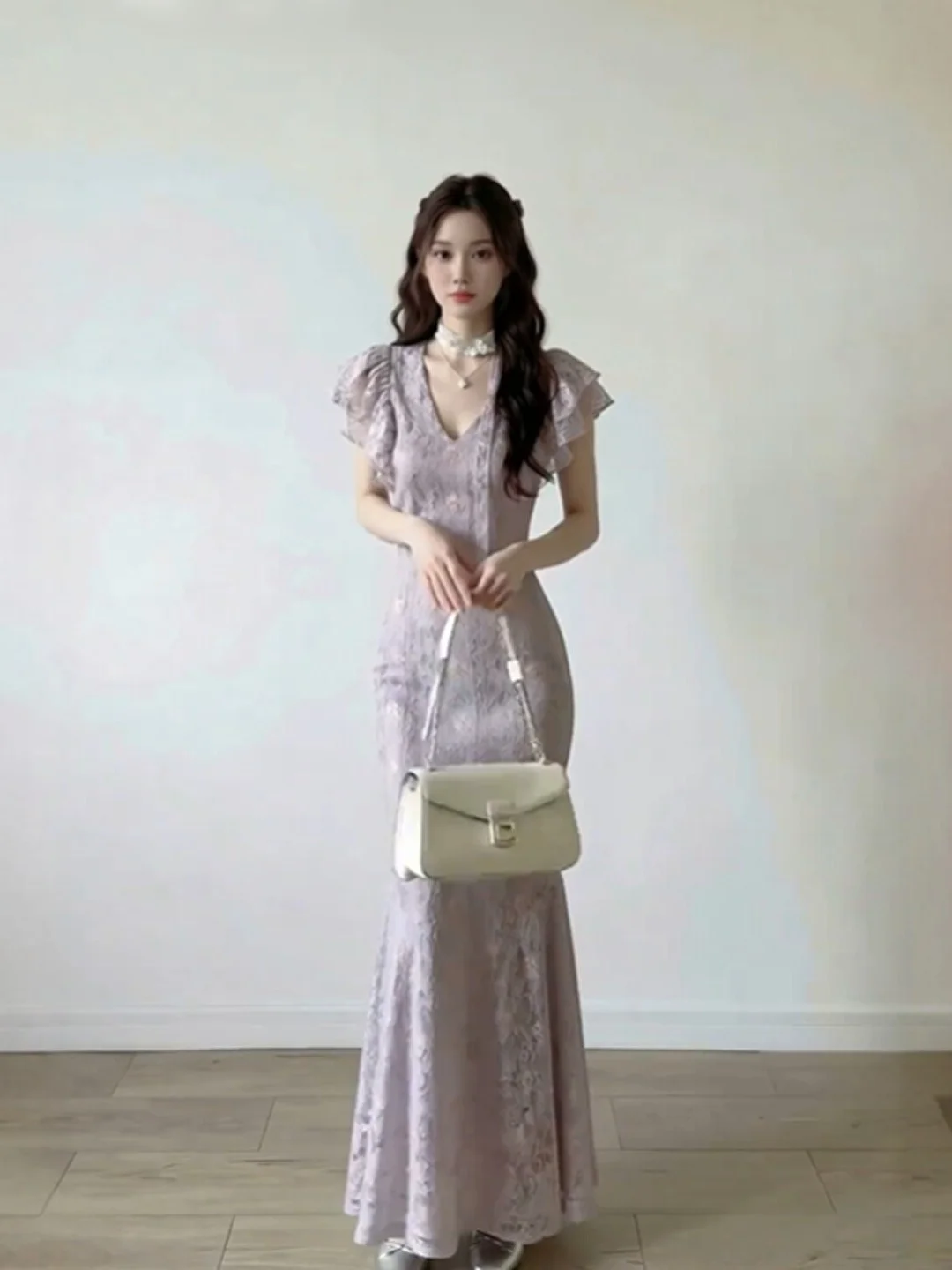 

Elegant Floral Print Maxi Dress Purple Color Summer Fashion Retro Style Gathered Waist Short Sleeve V-Neck Dress for Women