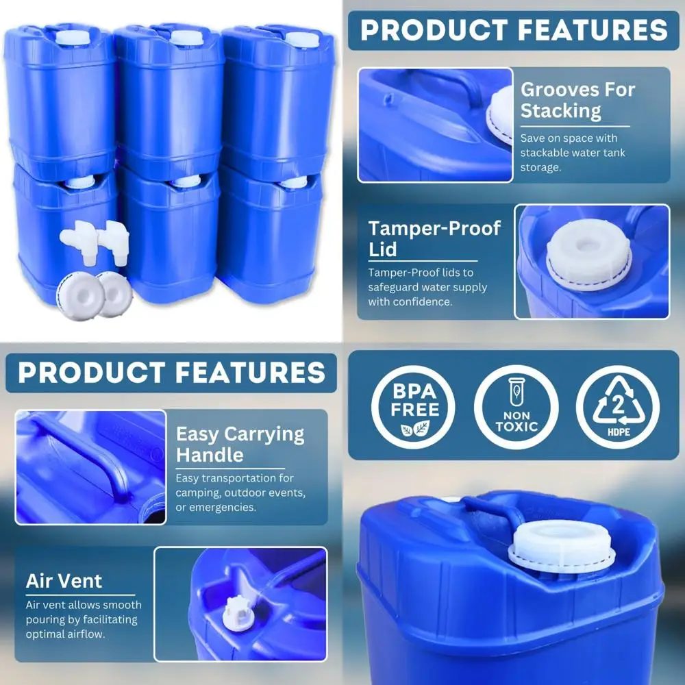 Contenitori impilabili per la conservazione dell'acqua da 5 galloni con coperchi e rubinetto per forniture di sopravvivenza di emergenza