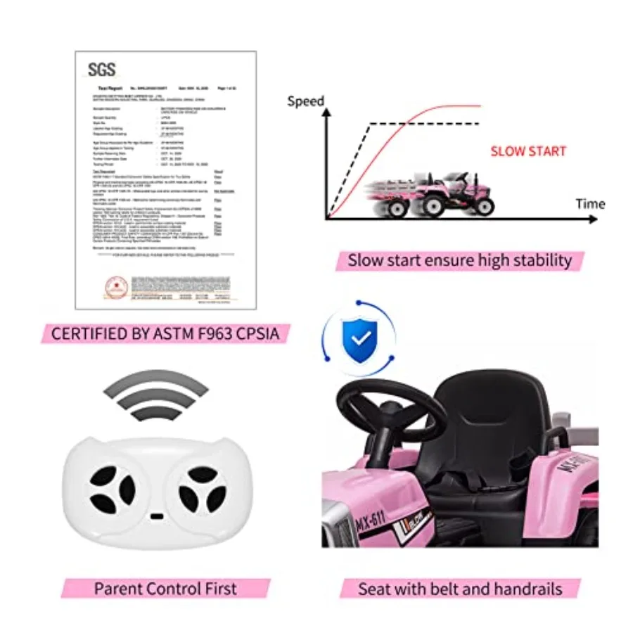 12V Ride on Tractor with Trailer and Remote ControlToddler Electric Vehicle Car with LED Headlights 2+1 Gear Shift MP3 Player U