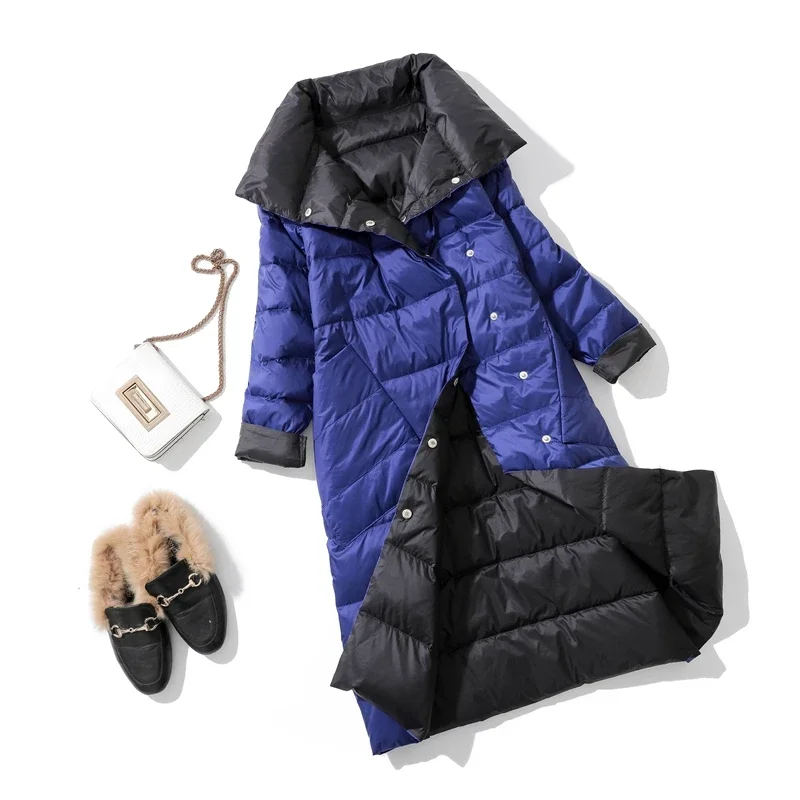 冬スタンドカラーホワイトダックダウンロングジャケットダブルブレスト暖かい雪パーカー両面ダウンコートオーブコート JJ556