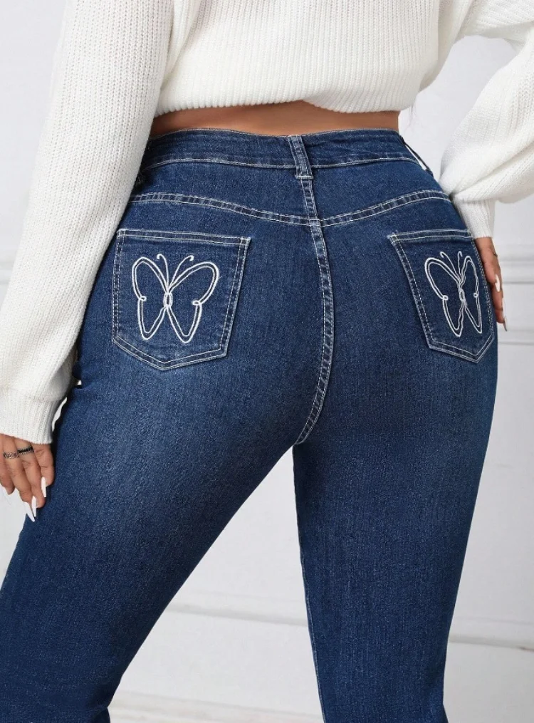 2024 Spring New Women\'s High Waist Boot Cut Jeans Fashion Slim Fit Stretch Butterfly Embroidered Flare Jeans Skinny Trousers