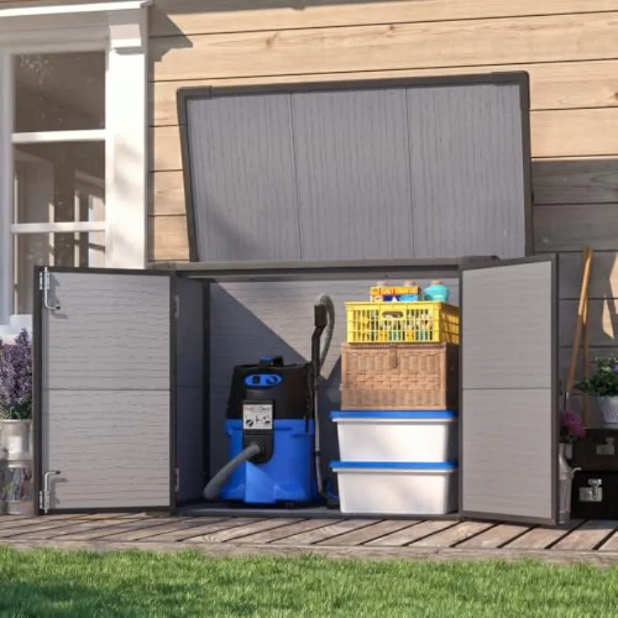 Resin Outdoor Storage Cabinet, 23 Cu.Ft Horizontal Box with Base: weather-resistant, gray, lockable lid and ventilation