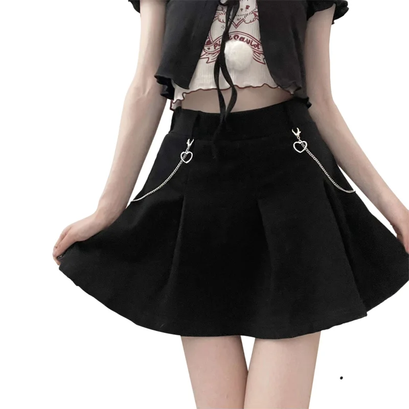 

Women Harajuku Pleated Mini Skirt High Waist School Girls Skort Gothic Black Tennis White Y2k Lolita Kawaii Skirt with Chain