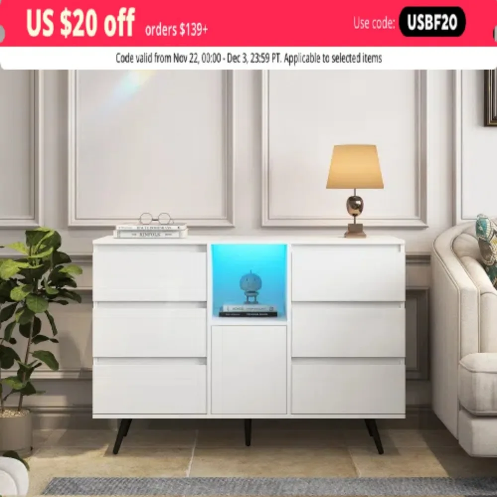 Living Room Sideboard Storage Cabinet with LED Light Modern Kitchen Unit Cupboard Buffet Wooden Storage Display Cabinet