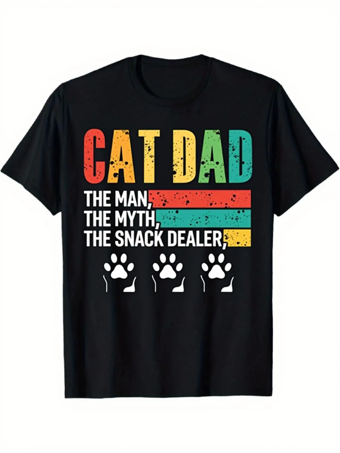 Men's fun cat dad T-shirt, men's myth snack vendor pattern T-shirt, black T-shirt, red and yellow text