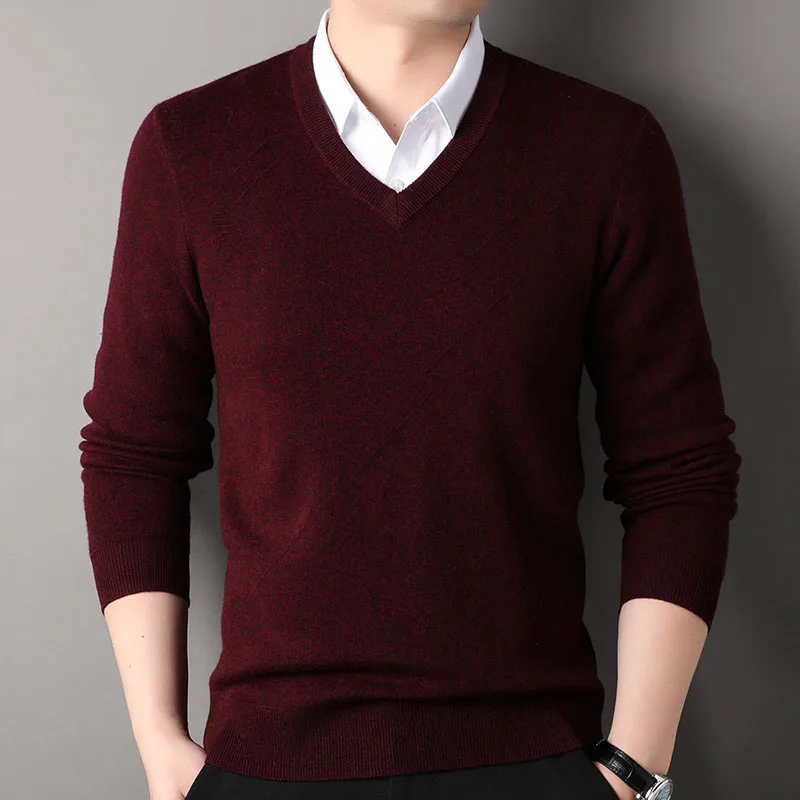 Men's Sweater V-Neck Long Sleeves Pullover Knitted Thick Wool Sweaters Solid Color Warm Pullovers High-quality Top