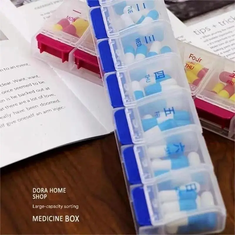 Pill Box Push Type 14 Compartment Pill Box Weekday Elderly People Take Pills Morning And Evening Split Pill Boxes Portable