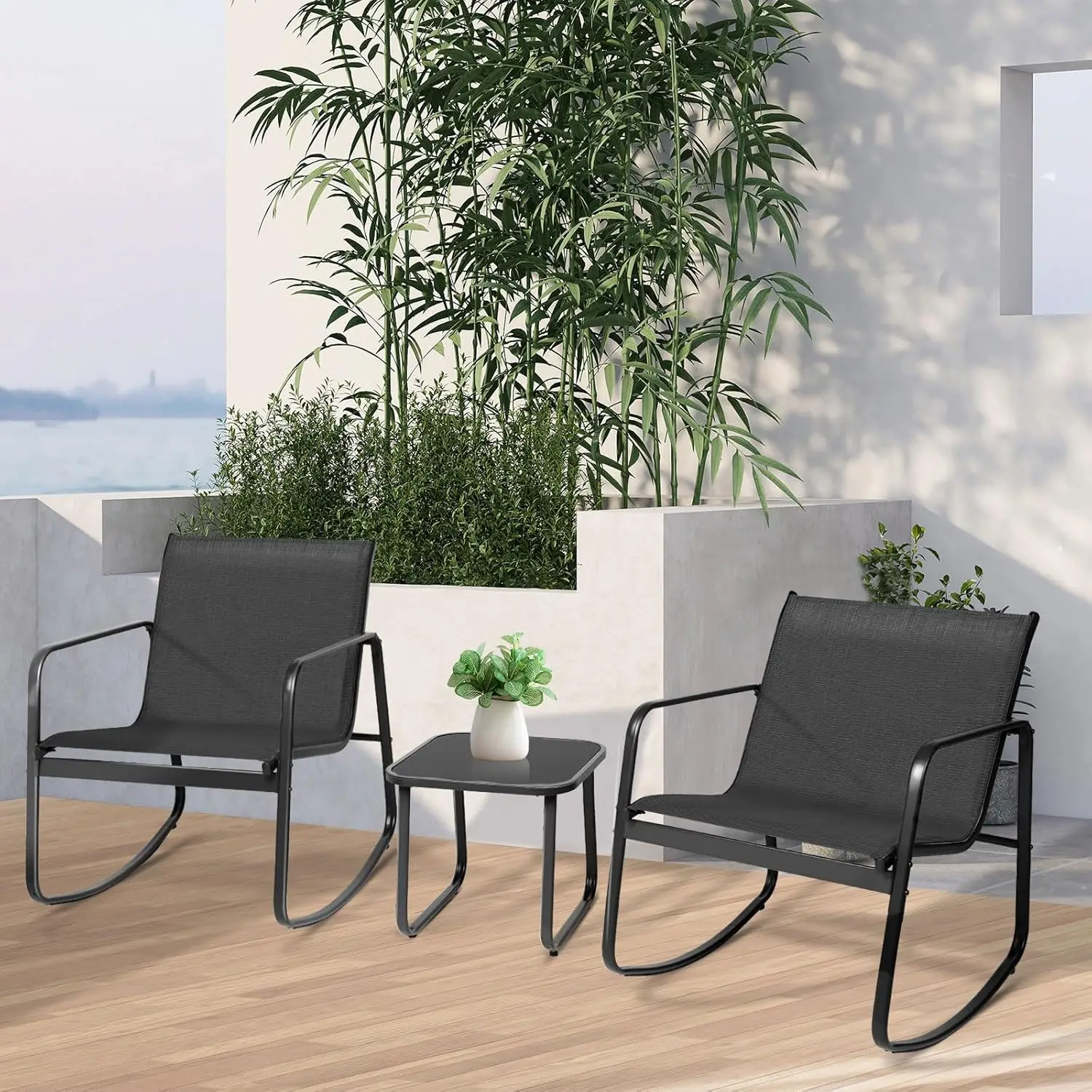 Rocking Bistro Set, Textilene Outdoor Furniture Set with  Rocking Chair & Glass Coffee Table