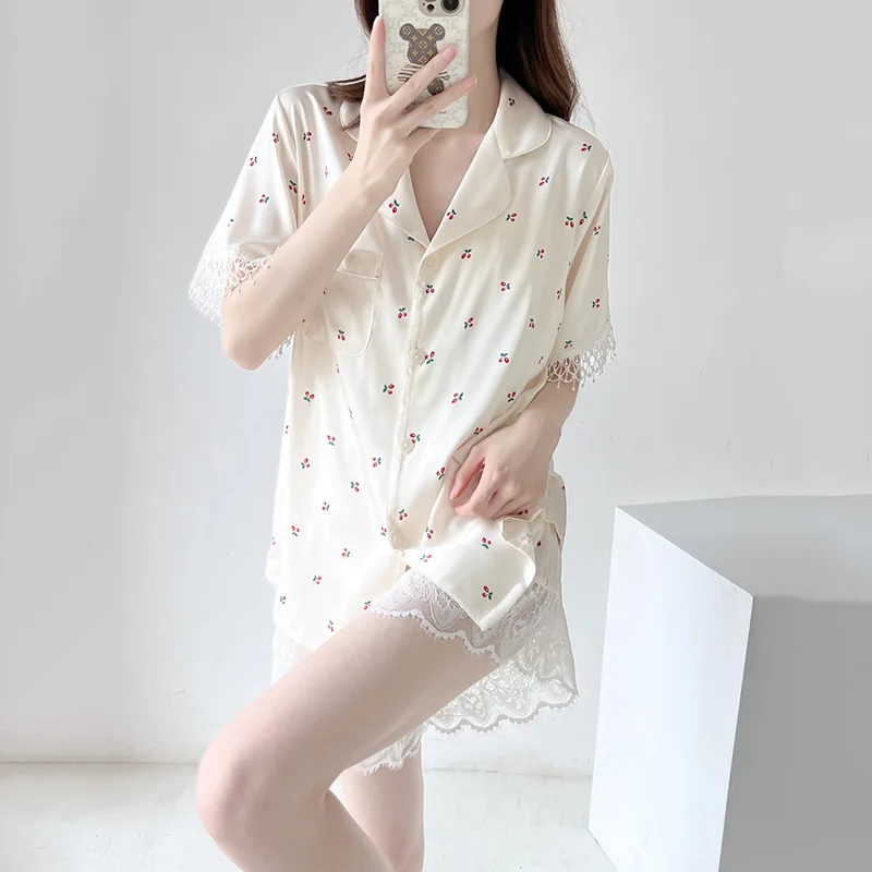 Spring Summer 4PCS Pajamas Set Women Loose Silk Satin Bathrobe Pijamas Suit Print Cherry Lace Sleepwear Home Clothes Lingerie