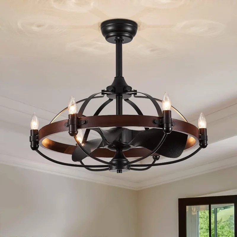 27-Inch Brown Walnut Farmhouse Style Chandelier Ceiling Fan with Light and Remote Control, Bladeless Motor for Bedroom