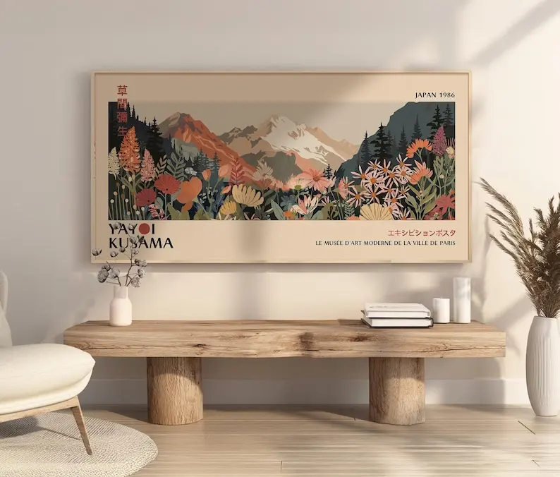 1pc Large Yayoi Kusama Japanese Floral Landscape Wall Art Prints – Unframed Modern Canvas Wall Art Poster for Living Room Decor