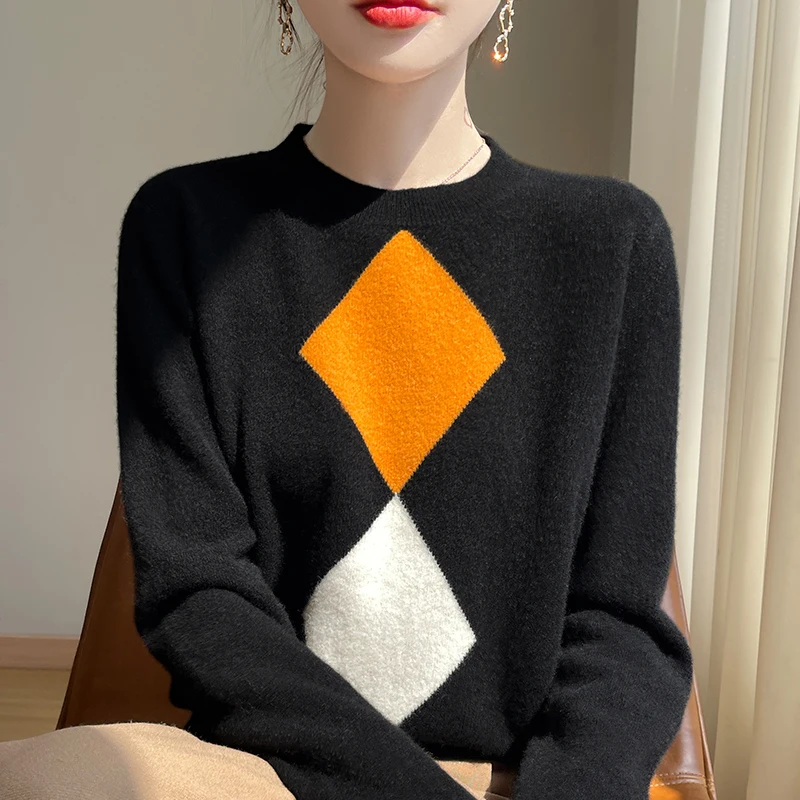 Fall/Winter 2024 New Fashion Women's Wear 100% Merino Wool Long Sleeve O-neck Pullover Sweater Geometric Knitted Jacket