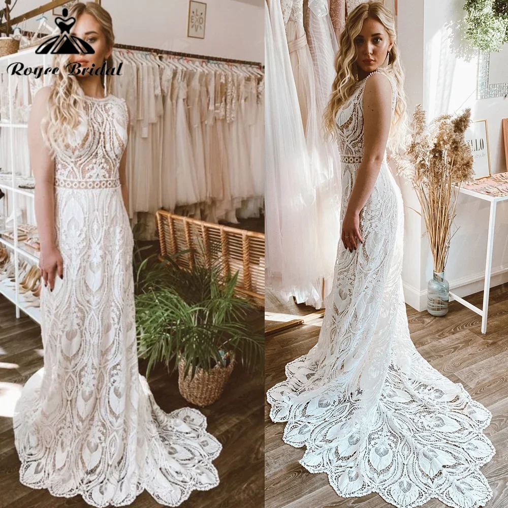 Vestido de Novia Personalizado, Elegante Vestido de Novia de Encaje Bohemio, Vestido de Novia con Espalda Descubierta para Playa, Vestido de Novia de Talla Grande, Estilo Boho Hippie