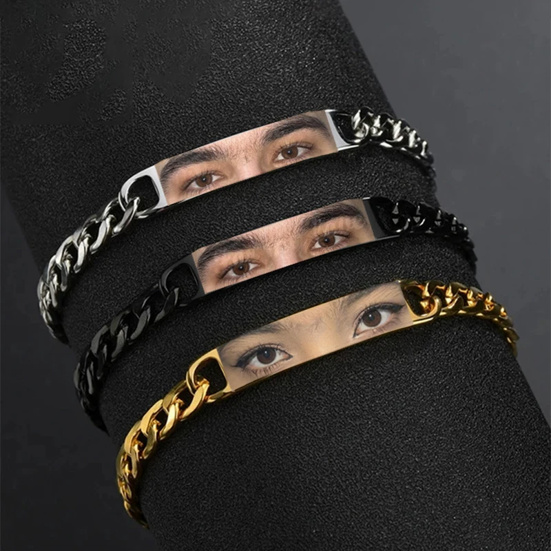 Custom Engraved Colorful Eyes Bar Bracelets for Men Women Stainless Steel Personalsized Name Punk Bangles Statement Couple Gift