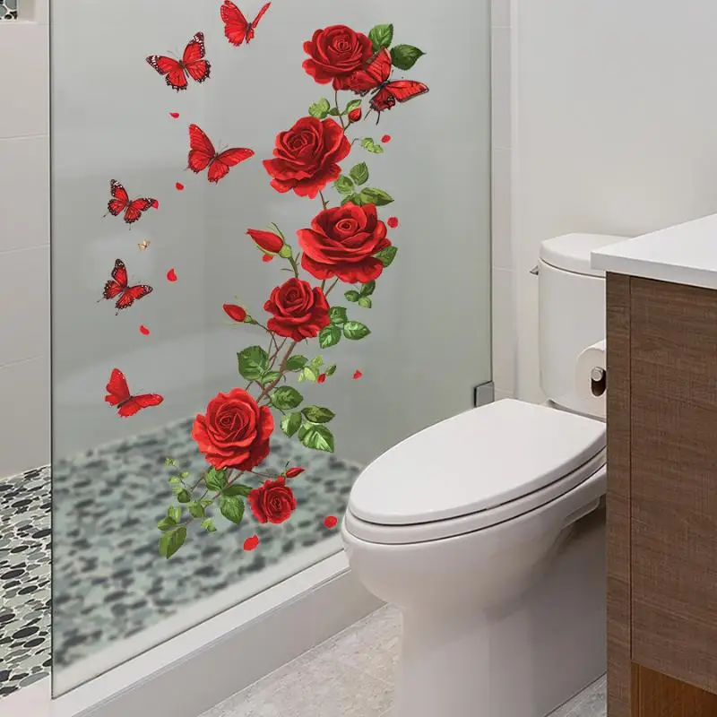 Latest 1pc Watercolor Romantic Rose Glass Stickers Suitable For Wall Decoration Bedroom Bathroom And Living Room