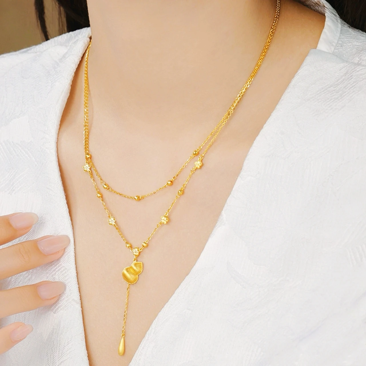 

Exquisite Carving Double Chain Fortune & Flower Necklace For Women 24K Gold AU999 | Delicate patterns, exquisite gourd