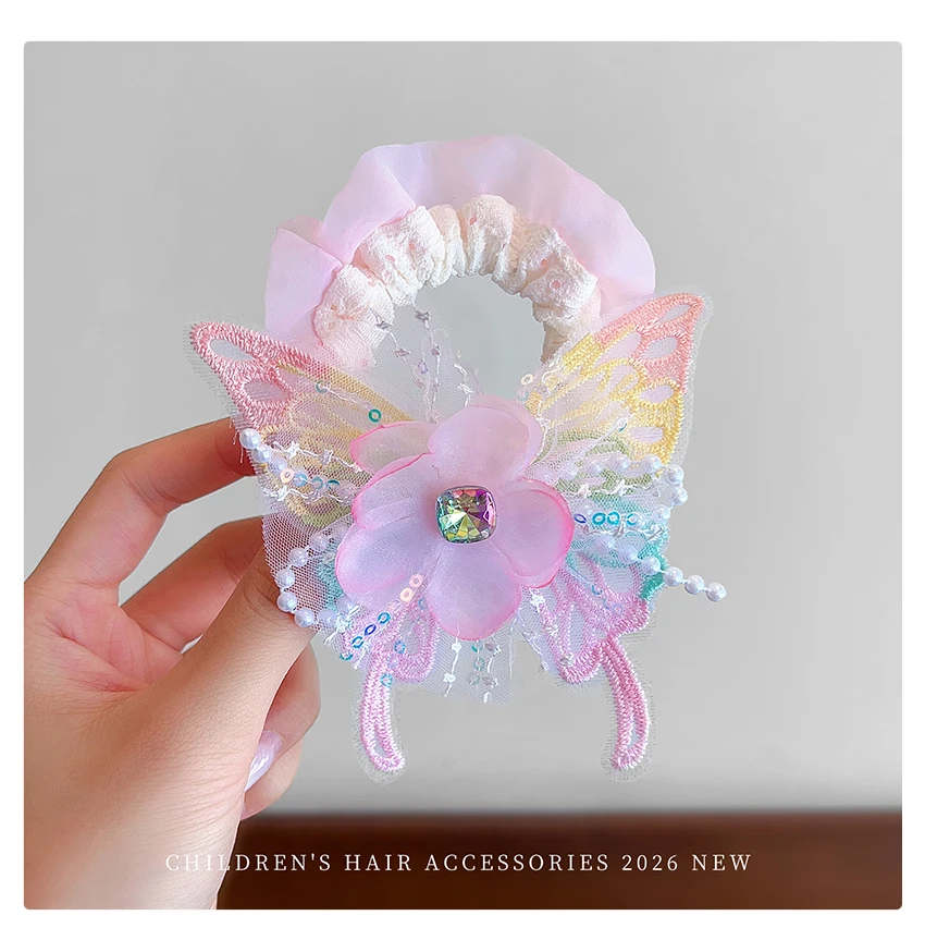 Neue Niedliche Schmetterling-Stoff-Scrunchies für Frauen und Mädchen 2026 Modische Feenprinzessin-Stil Hochelastische Haargummis Pferdeschwanzhalter – Detail 2
