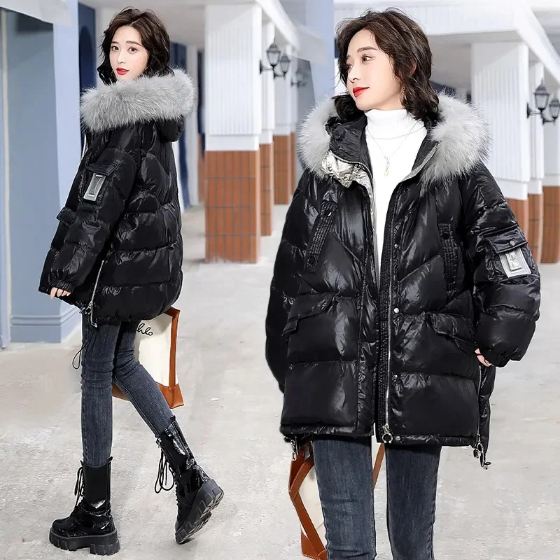 Down Cotton Jacket 2024 New Women\'s Mid Length Korean Version Loose Fitting Thick Jacket Large Woolen Collar Winter Hooded Outfi