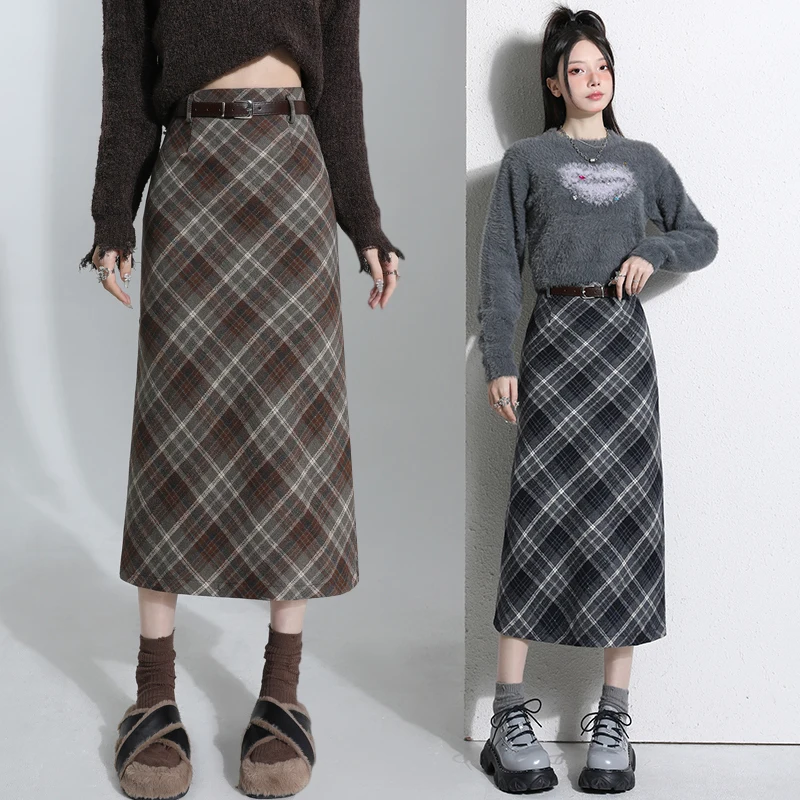 

High Waist A-Line Skirt Women's Plaid Woolen Skirt Spring Summer Autumn New Sle Belted Long Skirt Commute Wear