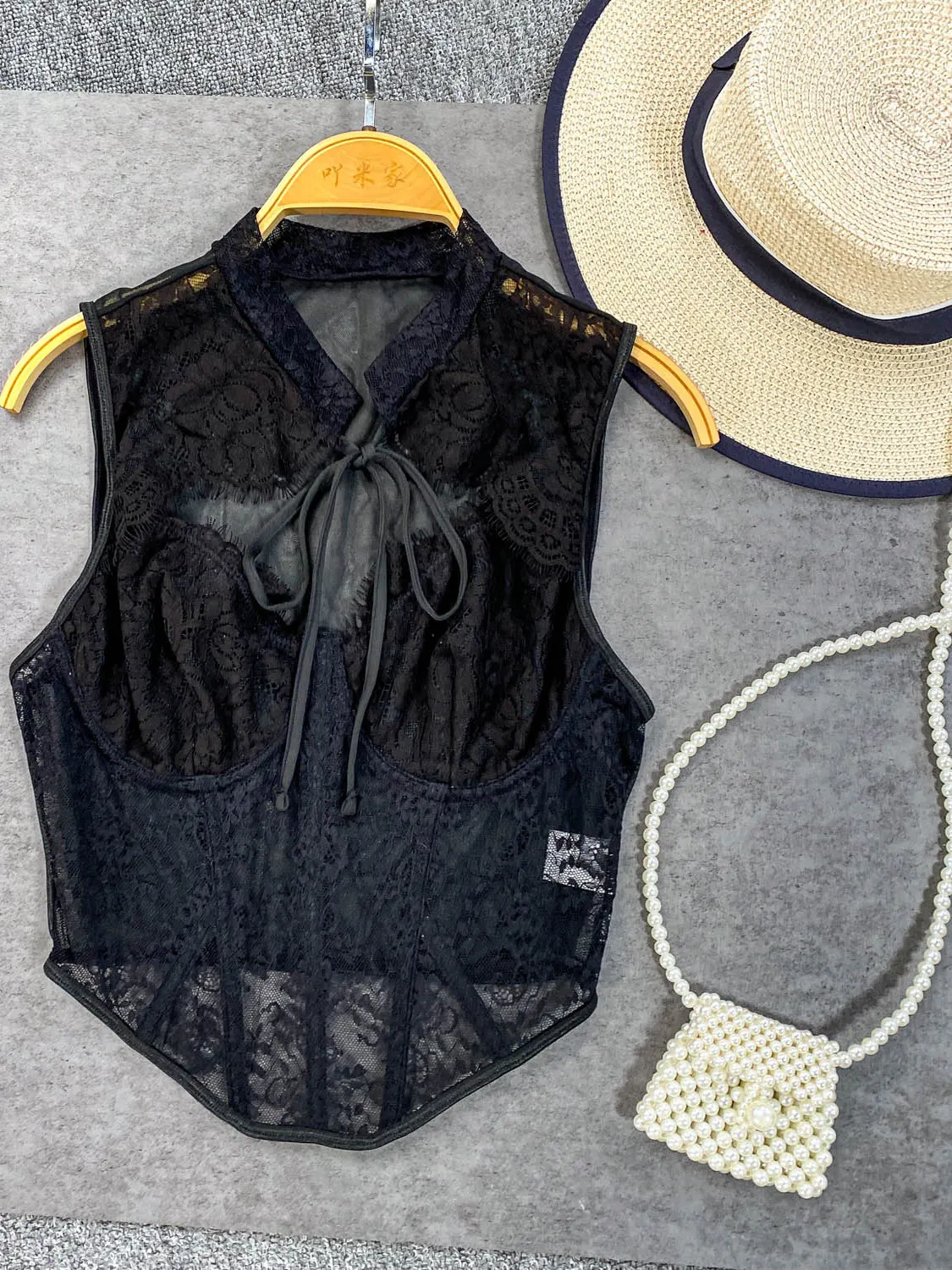 순수한 욕망 섹시 시스루 레이스 홀로우 아웃 스탠드 칼라 민소매 조끼 여성 여름 피쉬본 슬리밍 유혹적인 탑