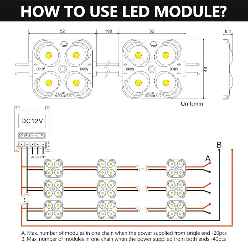 DC12V High Power 3W 180 Degree Angle Lens Smd 2835 Injection LED Module Backlight 2835 SMD Waterproof for Letter Sign Advertisin