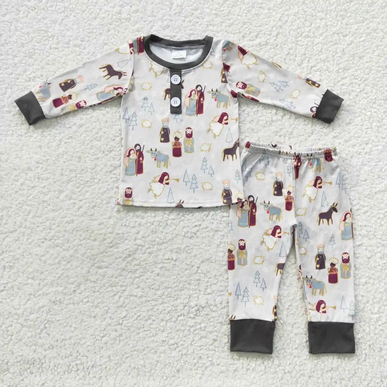 

Autumn new boys pajamas set wholesale high quality Jesus star cow sheep tree lace gray long-sleeved trousers set